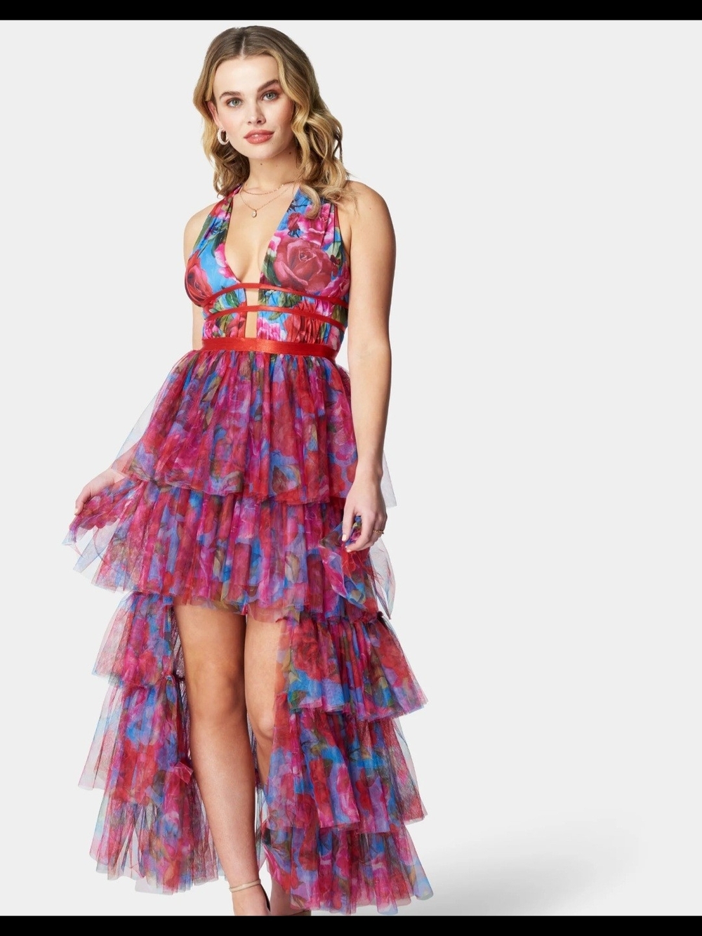 bebe Red Pink Blue Floral High-Low Tiered Tulle Dress with Cutout Waist